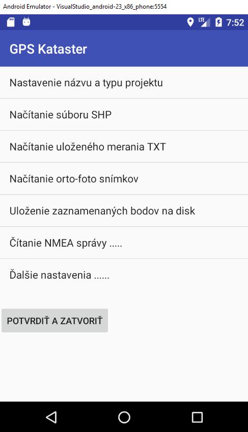 Obrázok č.2 Výberové menu po spustení Nastavenie projektu zo základnej obrazovky obr.č.1 (A).