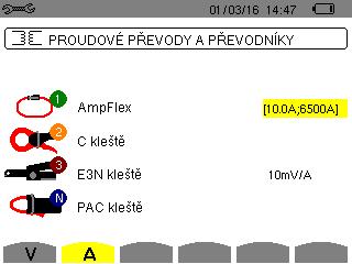 4.7. SNÍMAČE A JEJICH PŘEVODY Poznámka: Převody nelze měnit, jestliže přístroj zaznamenává data, měří energii, hledá přechodové jevy nebo alarmy, a/nebo měří náběhový proud. 4.7.. SNÍMAČE PROUDU A PŘEVODY První obrazovka A se používá k určení snímačů proudu a převodů.