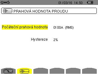 4.8.3. PRAHOVÉ HODNOTY PROUDU V REŽIMU NÁBĚHOVÉHO PROUDU Třetí obrazovka, zobrazená stisknutím ikony, slouží k určení prahových hodnot náběhového proudu.