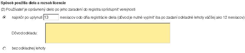 Sprístupnenie diela/práce po uplynutí viac ako 12 mesiacov: Študent, ktorý uzatvoril licenčnú zmluvu bez odkladnej lehoty zverejnenia alebo s lehotou menšou ako 13 mesiacov, vytlačí vygenerovanú