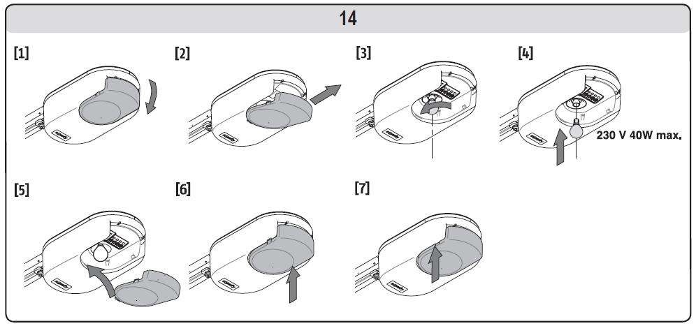 ÚDRŽBA Výměna žárovky vestavěného osvětlení (obr. 14) [1] [2] Sejměte kryt osvětlení [3] [4] Vyměňte vadnou žárovku [5] [6] [7] Nasaďte zpět kryt osvětlení Použijte žárovku 230 V / 40 W s paticí E14.