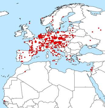 Mapa znázorňuje místa nálezů (u našich kroužkovanců) a místa kroužkování (u ptáků s cizími kroužky) z let 2003 2013.