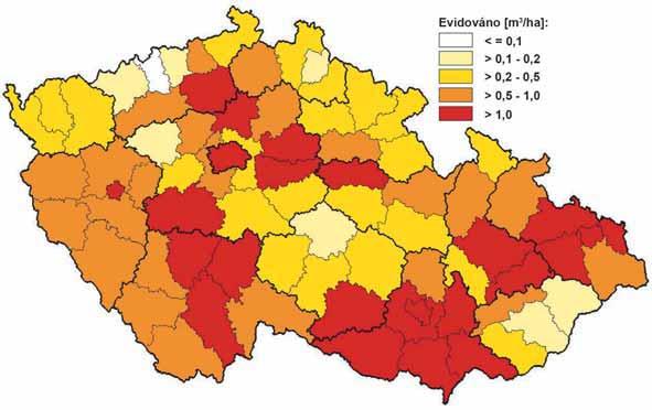 Zpravodaj ochrany lesa. Supplementum 2005 Obr. 22: Evidované smrkové kůrovcové dříví v roce 2004 Recorded volume of spruce wood infested by bark beetles in 2004 Obr.