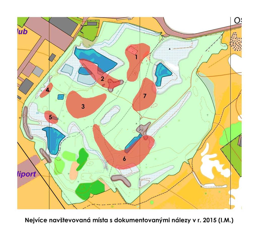Obr. 3 - Plánek s významnými nalezišti hub v území VKP Opičák, autor Ivan Mraček. Vysvětlivky: Červeně vyznačené plochy 1 
