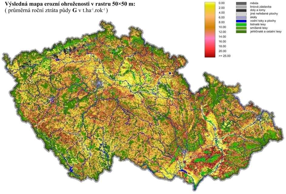 Mapa ztráty půdy v rastru 50 x 50 m (průměrná roční ztráta půdy G (t/ha.r) T. Dostál, J. Krása, J.