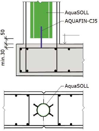 AQUAFIN-CJ5) tak, aby byla zabezpečena vzdálenost smršťovacího profilu od základové desky cca 5 cm. Na bednění se přikotví trapézové nebo trojúhelníkové lišty.