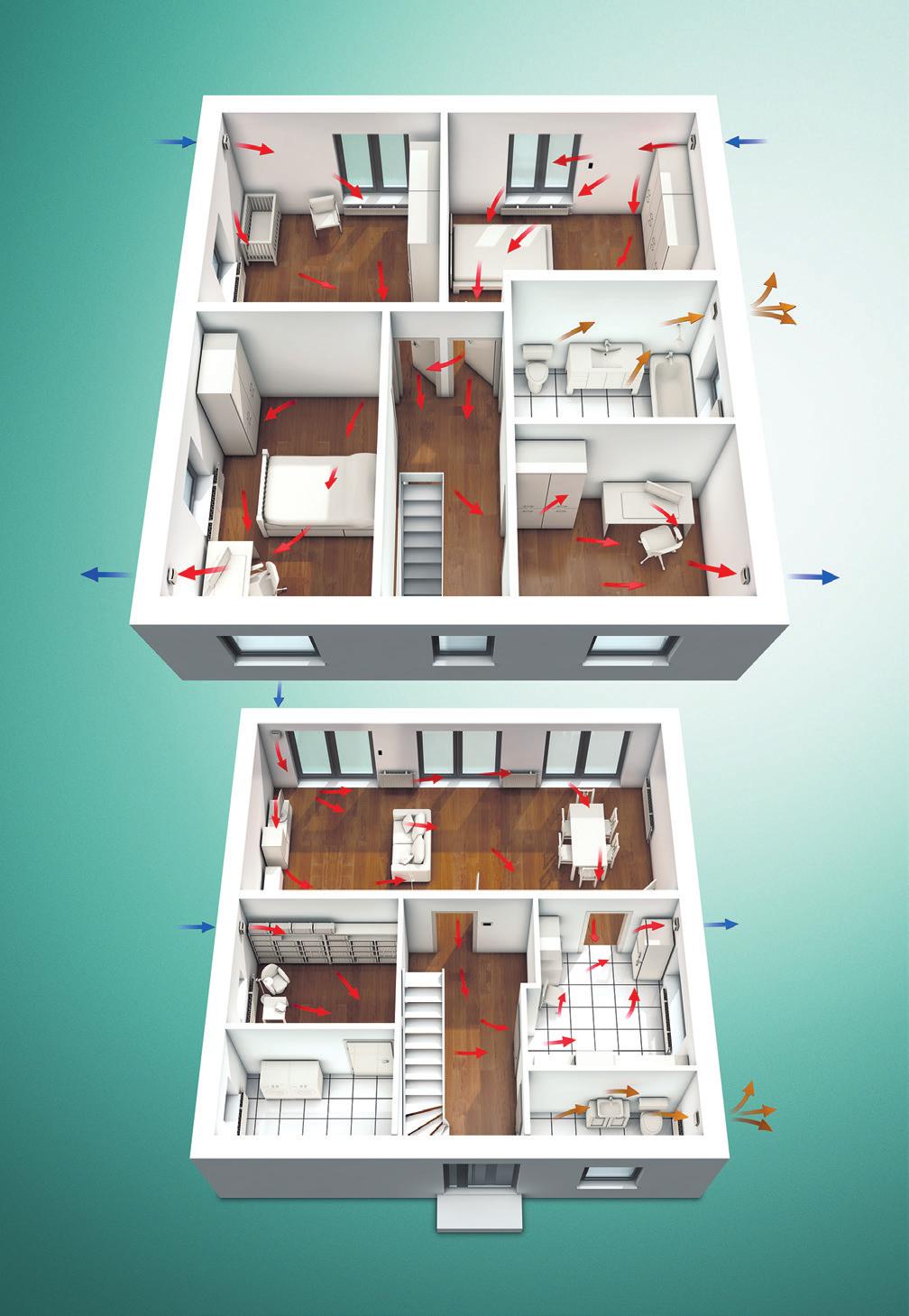 Příklad výpočtu pro jednogenerační rodinný dům Jednogenerační rodinný dům Velikost domu: 150 m 2, 4 osoby, přízemí: 1 WC pro hosty (5 m 2 ), 1 místnost na domácí práce (9 m 2 ), 1 pracovna (11 m 2 ),