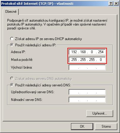 Obr. 2 - Nastavení sítě Postup 1. Propojíme IP monitor s notebookem kříženým kabelem. 2. Z příkazového řádku spustíme dávku update.bat z podsložky SYSTEM 3.