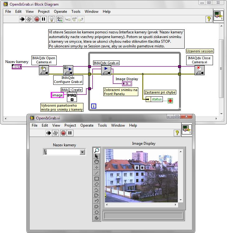 Zobrazování videa v koncové aplikaci Obrázek 2.3.: Jednoduchý program pro připojení ke kameře a zobrazení videosignálu vytvořený v NI LabVIEW. Front Panelu VI.