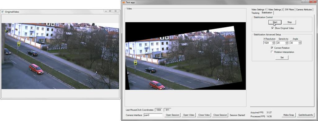 Sledování objektu v obraze a digitální stabilizace obrazu Obrázek 5.4.: Ukázka digitální stabilizace scény v koncové aplikaci. Kladná rotace původního snímku. Obrázek 5.5.: Ukázka digitální stabilizace scény v koncové aplikaci. Záporná rotace původního snímku.