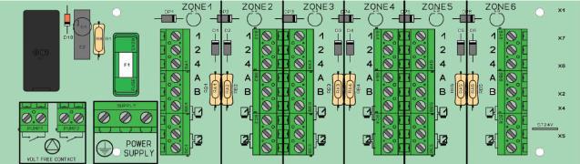 10. Kabelové propojení Funkce přemostění 1 termostat pro regulaci několika zón. Mezi zónami je třeba přemostit pouze svorky 1.