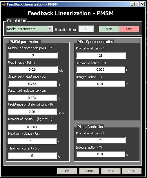 75 7.6.5 Zpětnovazební linearizace PMSM - GUI Obrázek 7.6 popisuje poslední blok knihovny, jedná se o algoritmus zpětnovazební linearizace PMSM.