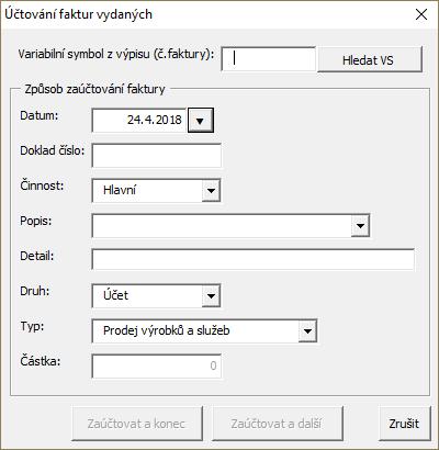 Kurzr je umístěn na prvním zadávacím pli a frmulář čekává zadání variabilníh symblu, tedy čísla faktury, která je na výpise z banky uvedena jak zaplacená a je ji třeba zaúčtvat.