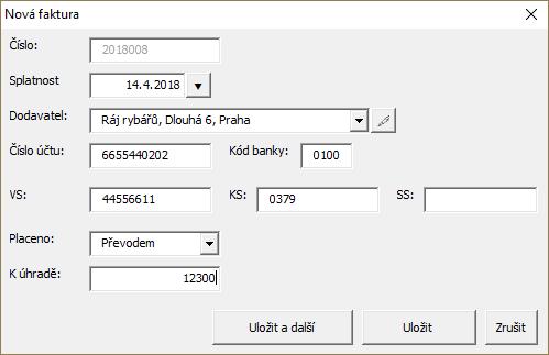 Ple Čísl je nedstupné, dplňuje se autmaticky a je slžen z čísla rku a pčitadla faktur, které se bere z tht ple na listu N.