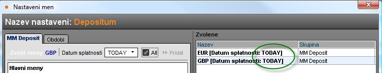U instrumentu MM na záložce vyberu měnový pár, zvolím předvolenou splatnost obchodu (start date) deposita pro danou měnu.