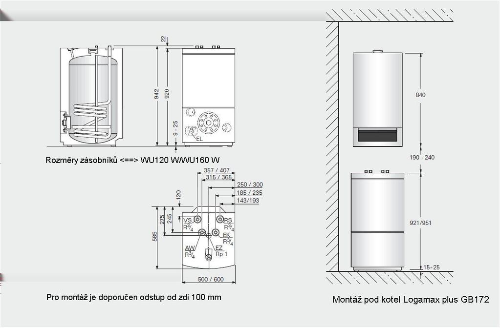 Logamax plus GB172 Logamax plus GB172 s Logalux WU120 W / WU160 W WU120 W WU160 W Objem pitné vody l 115 149 Objem otopné vody l 4,4 4,4 Hmotnost netto kg 50 60 2 Výhřevná plocha výměníku tepla m