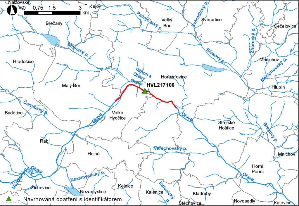 Obr. 3 Přehledná mapa lokalizace navrhovaných opatření s identifikátorem listem opatření (ID OP) 6 Souhrnné informace o jednotlivých DOsVPR za jednotlivá dílčí povodí Souhrnné informace o