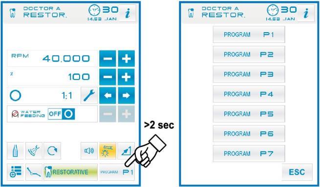 Výběr provozních programů mikromotoru. Mikromotor má 7 provozních programů, které lze vybrat postupně, klepnutím na vztahující se tlačítko ikonu.