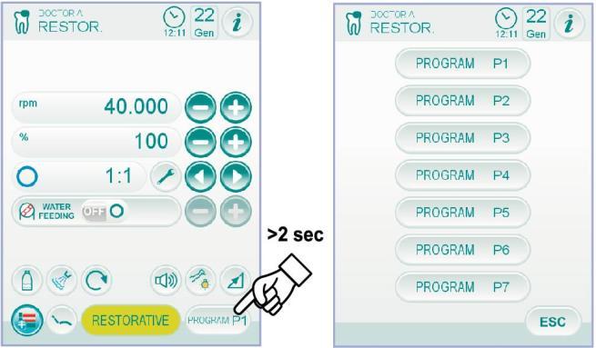 Výběr provozních programů mikromotoru. Mikromotor má 7 provozních programů, které lze vybrat postupně, klepnutím na vztahující se tlačítko ikonu.