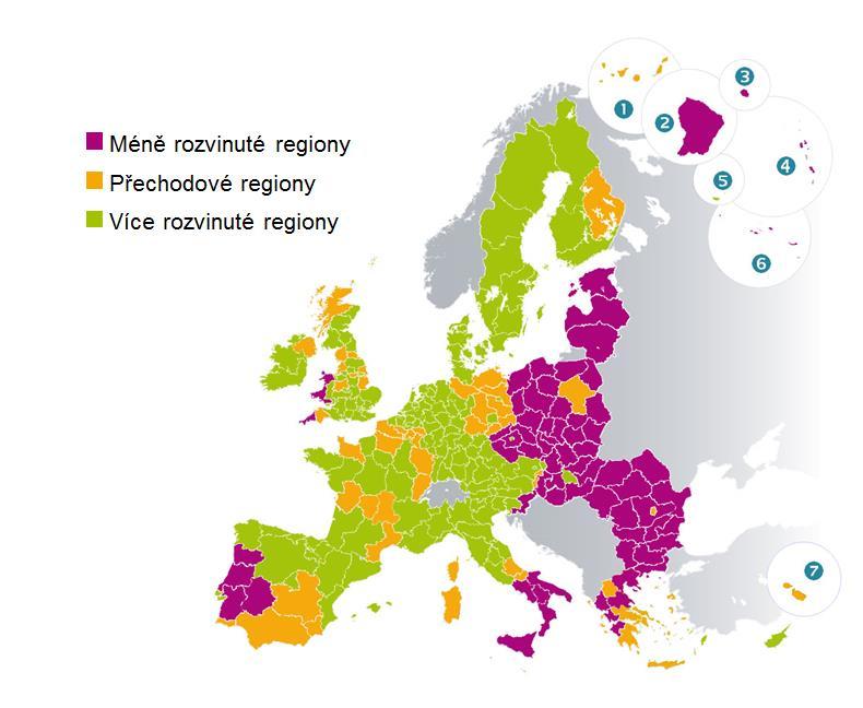 Méně rozvinuté regiony Přechodové regiony Více rozvinuté regiony Obr. 2-3 Kategorizace regionů NUTS II v programovém období 2014-2020 Zdroj: European Commission (2015e).