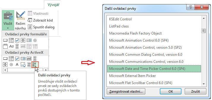 A některé další možnosti Pokud klepnete v ovládacích prvcích na poslední ikonu Další ovládací prvky, zobrazí se seznam dalších v počítači dostupných ovládacích prvků ActiveX, které lze