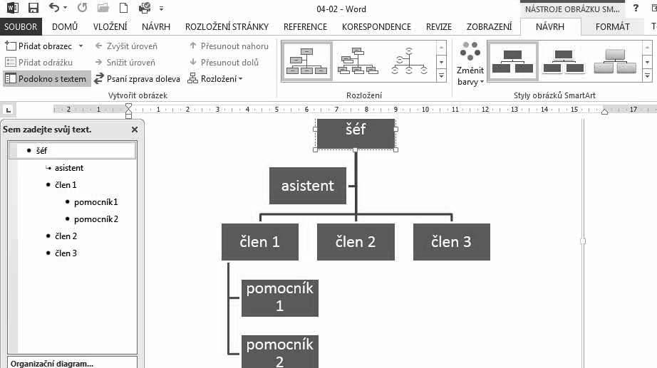 8.5.1 Vytvoření organizačního diagramu a jeho formát Vytvoření organizačního diagramu se skládá z těchto kroků: z Zadání pokynu k spuštění akce.