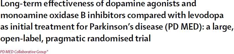 1620 pacientů, 1:1:1 randomizovaných pro L-dopa, DA, MAOBI (PDQ-39, EQ-5D) Žádné rozdíly mezi