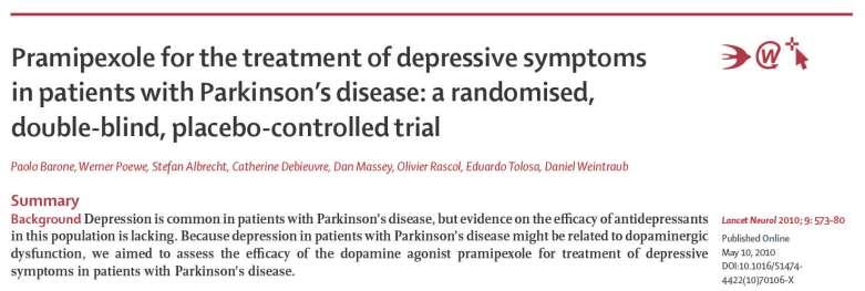 12 týdnů, dvojitě slepá randomizovaná studie, 76 center, 287 pacientů bez motorických fluktuací, GDS 5 a UPDRS I 2 BDI, UPDRS III Regresní