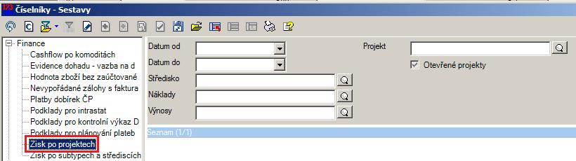 Do Jednoduchých sestav sekce Finance byla vytvořena nová sestava Zisk po projektech, přičemž