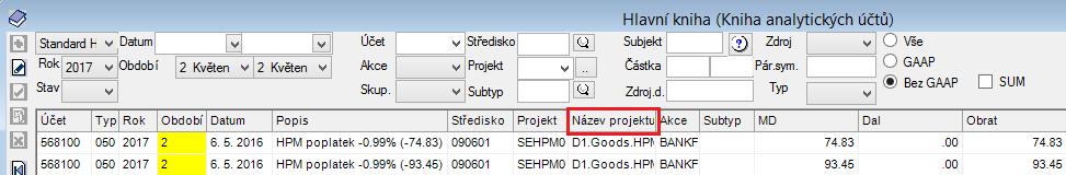 Doklady, Účetní doklady a Hlavní kniha Přidán sloupec Název projektu. Verze 1.8.71.