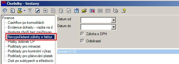 Sestavy jednoduché Do modulu Sestavy jednoduché, sekce Finance, přidána sestava Nevypořádané zálohy s fakturací.