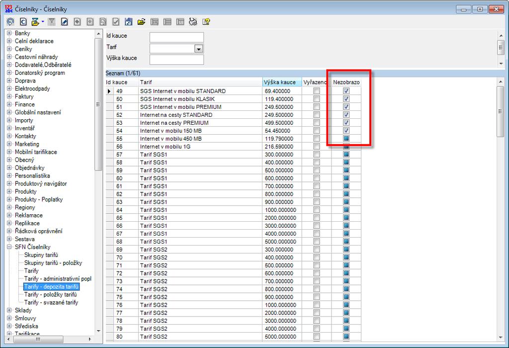 SFN Číselníky Tarify Depozita tarifů Nový