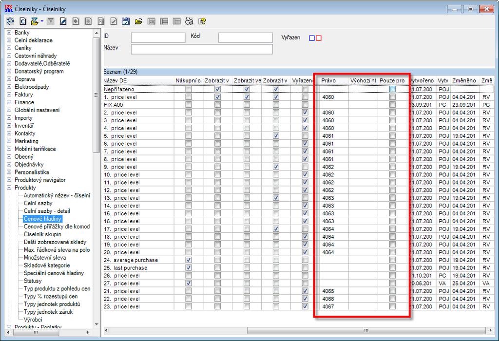 Systém Číselníky Produkty Cenové hladiny