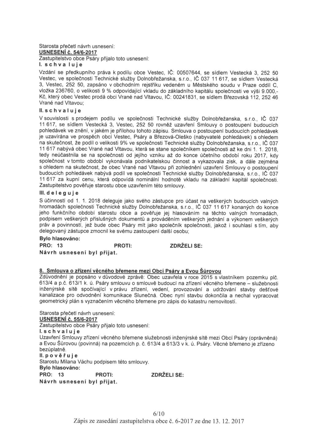 USNESENÍ é. 54/6-2017 Zastupitelstvo obce Psáry přijalo toto usnesení: l.