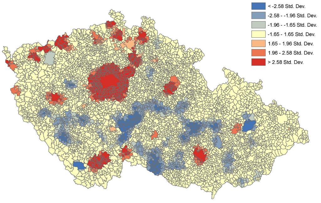 Změna počtu obyvatel 2016/1991 Hot Spot analýza Zdroj dat: ČSÚ, zpracování PřF UK jako pracovní podklad v rámci