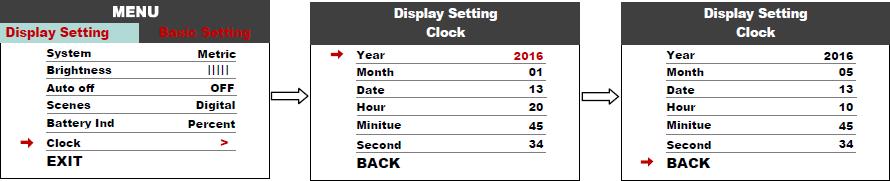 Hodiny Vstupte do nastavení (viz. popis výše) a nastavte parametr Year/Month/Day/Hour/Min/Sec (rok/měsíc/den/hodina/minuta/sekunda).