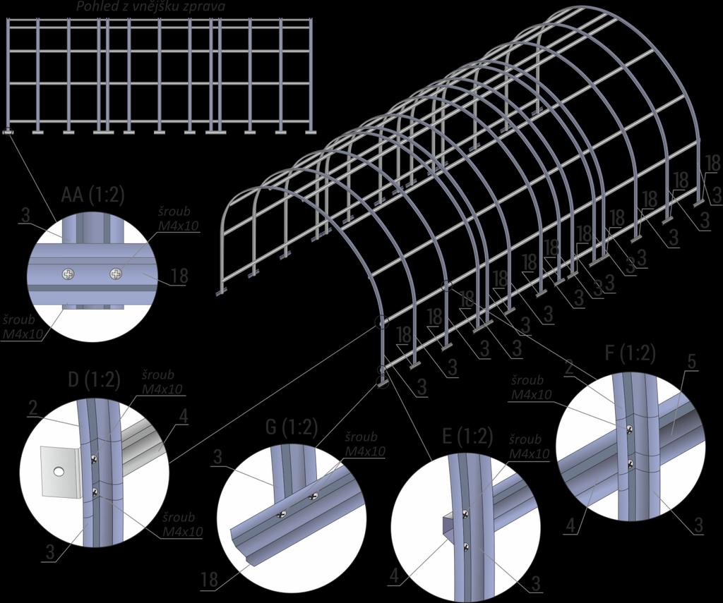 Obr. 2 K obloukům připevníme svislé a vodorovné profily - postupujeme podle Obr. 3: a) U sestavené střechy (oblouková konstrukce) přišroubujte jedním šroubem M4x10 na konce obloukových profilů č.