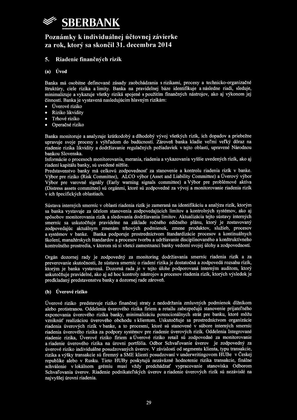 ,,416) SBERBANI~ 5. Riadenie finančných rizik (a) Úvod Banka má osobitne definované zásady zaobchádzania s rizikami, procesy a technicko-organizačné štruktúry, ciele rizika a limity.