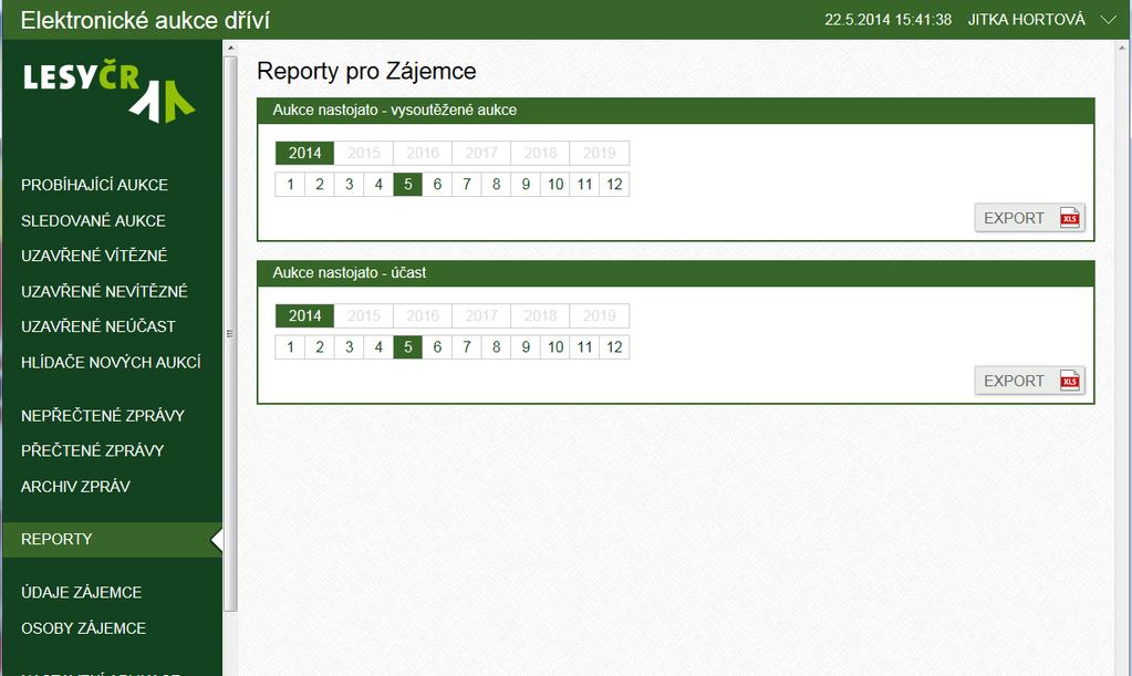 2.8 Reporty V sekci REPORTY má přihlášený uživatel možnost vygenerovat statistický přehled elektronických aukcí nastojato vysoutěžené aukce a seznam aukcí nastojato, ve kterých se jako zájemce