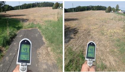 Obr. 3: Benešovsko 26. 8. 2017,okolo 15h SEČ: intenzita dopadajícího slunečního záření 650 W.m -2. Srovnání povrchové teploty asfaltu (49,1 o C) a navazujícího sklizeného pole (48 C).