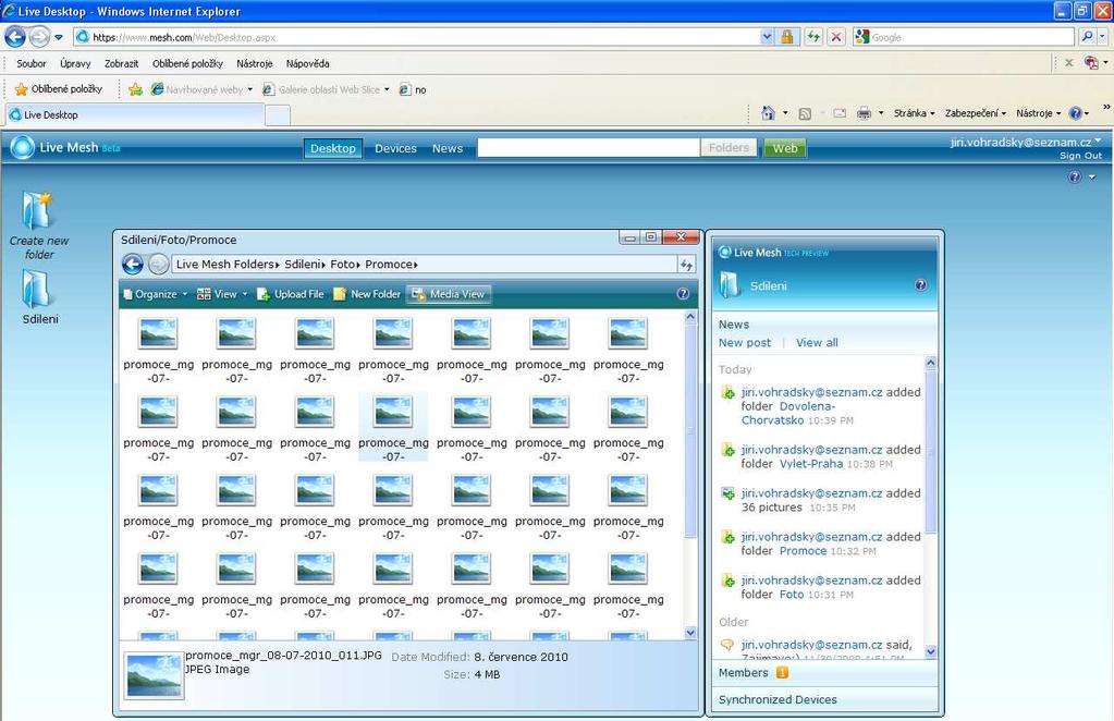 Obrázek 1: Live Mesh Beta: Webové úložiště Live Desktop problémů. Potíže byly pouze v případě používání uživatelských jmen s diakritikou.