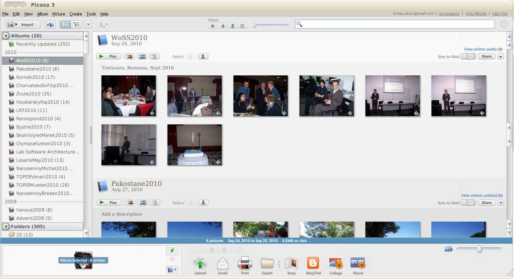 Obrázek 1: Google Picasa desktopová část indexové snímky s více zmenšenými fotografiemi na jeden papír. Všude lze nastavit možnosti ořezání, zmenšení atd. v závislosti na rozměrech papíru a tiskárně.