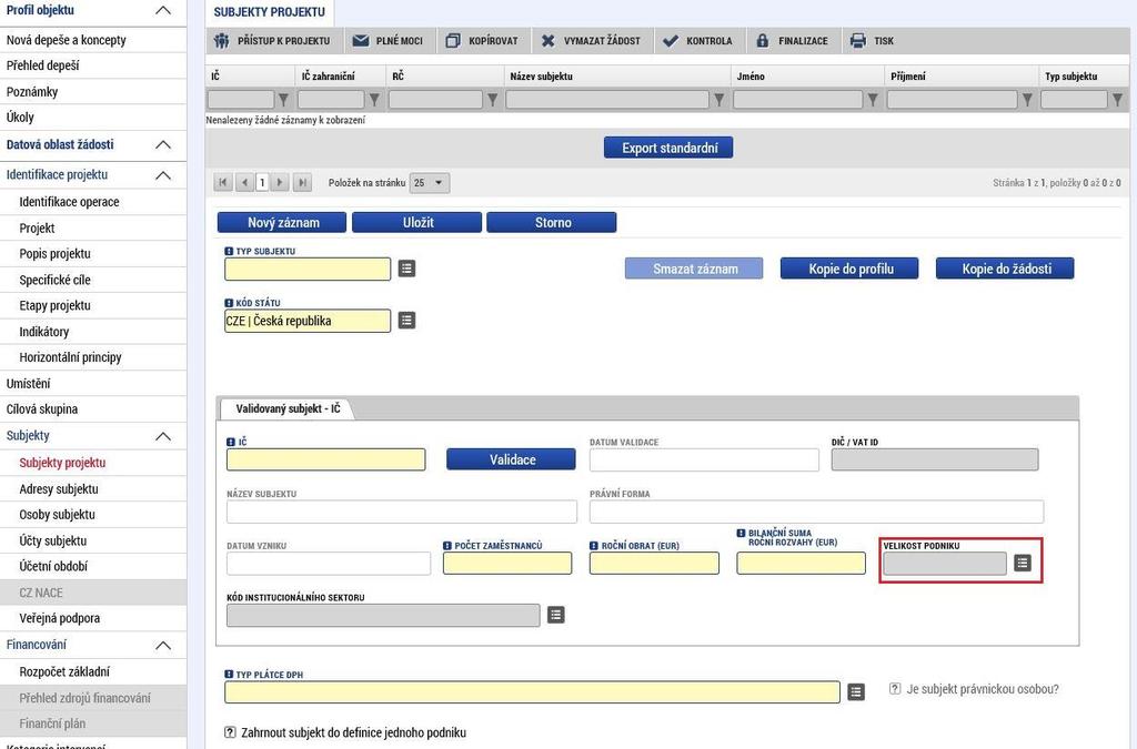 Nejprve je nutné vrátit se na záložku Projekt, kde žadatel v Doplňkových