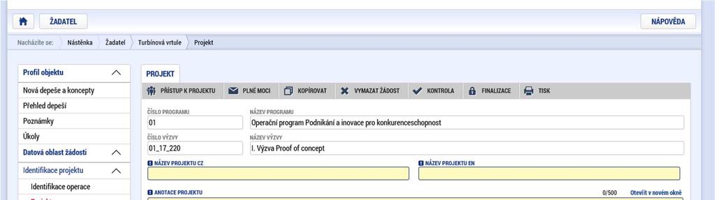 1.4.2 Projekt Na záložce Projekt žadatel vyplní Název projektu CZ, Název projektu EN, Anotaci Projektu, ve které