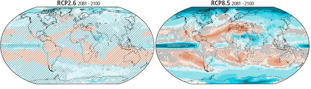 Zdroj: IPCC WG2 5AR TS, 2014 Projekce průměrných ročních srážek v posledních dvou