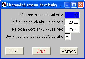 Po zvolení funkcie zrušte stávajúce označenie, potom si vyznačte skupinu pracovníkov, za ktorých chcete hromadne zmeniť dovolenku na kartách (bez ohľadu na ich vek). Následne stlačte ESC.
