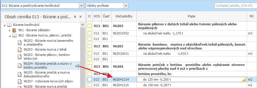 16 PRÍRUČKA K DEMOVERZII STAVEBNÉHO PROGRAMU CENKROS 4 Ak sa v zozname nachádza položka, ktorú ste hľadali, môžete sa na ňu v cenníkovej databáze nastaviť pomocou tlačidla Nastav položku alebo ju