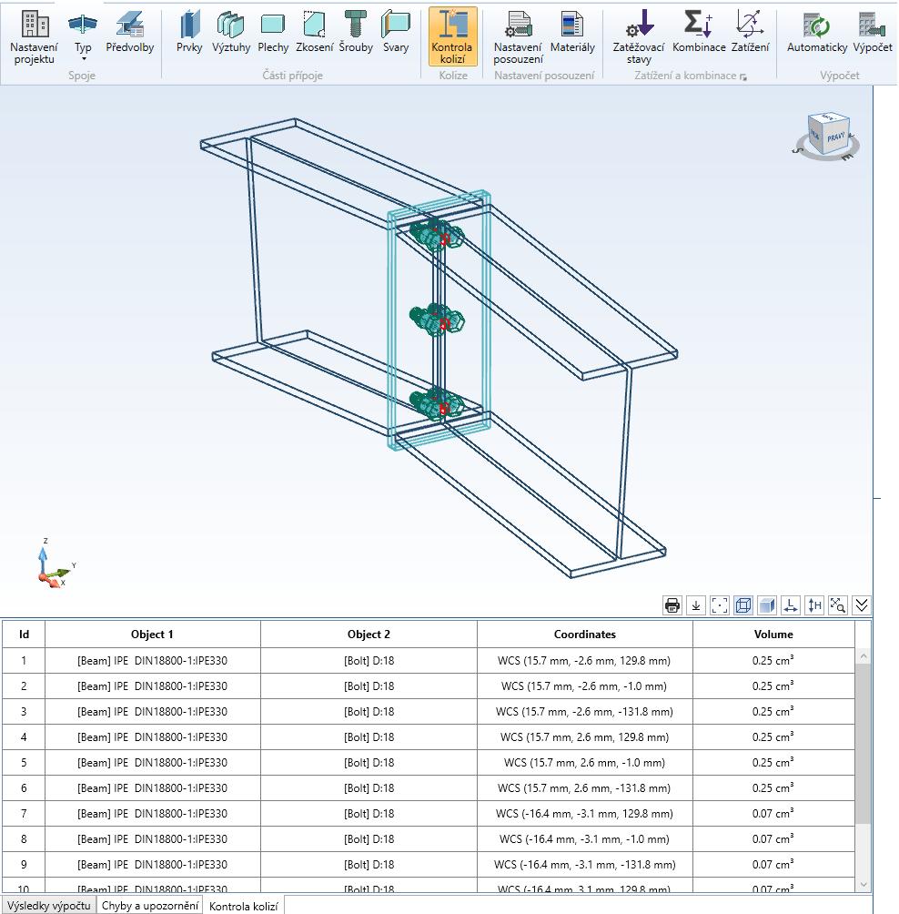 Kontrola kolizí Nové funkce Kontrola kolizí ve Steel Connection Designeru se používá k ověření geometrie přípoje určením kolizí mezi jednotlivými prvky přípoje. Každá kolize je označena červeně.