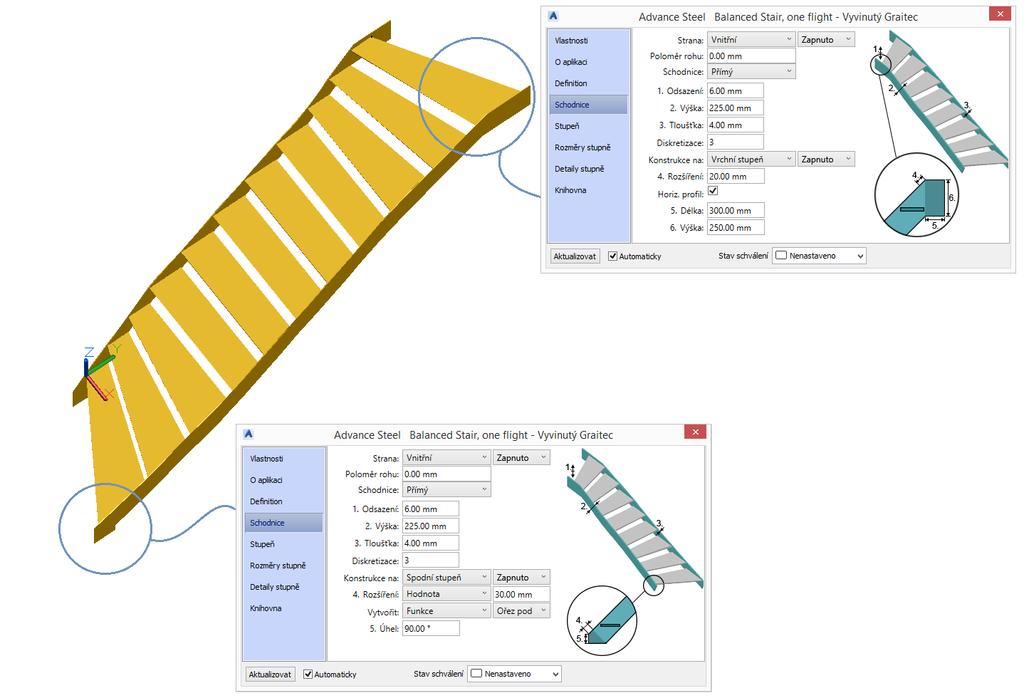schodnice na horním / dolním konci Počínaje verzí 2018 Stair & Railing Designeru, uživatel může upravit konec schodnice: rozšiření na
