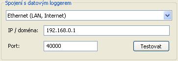 vybráno stejným způsobem jako u D-LOGG. Pro připojení přes Ethernet si musíte zvolit Ethernet. Pak si musíte nastavit IP adresu resp. jméno domény BL- NETu a jeho TA port.
